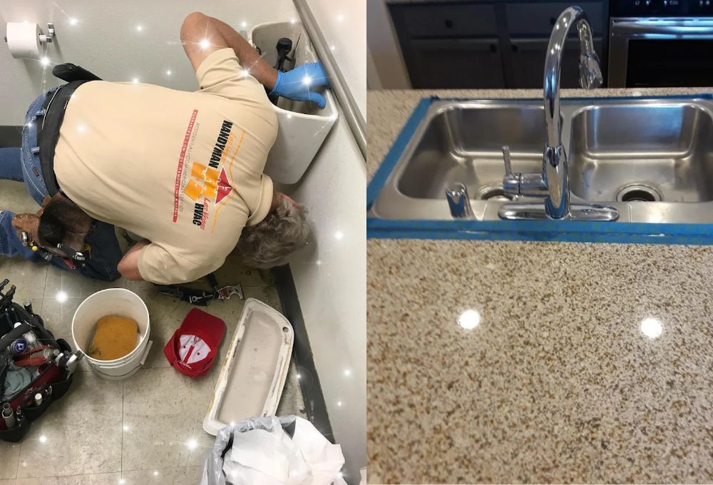 Worker kneels on a tiled kitchen floor amid tools and a coffee cup beside a granite countertop and sink.