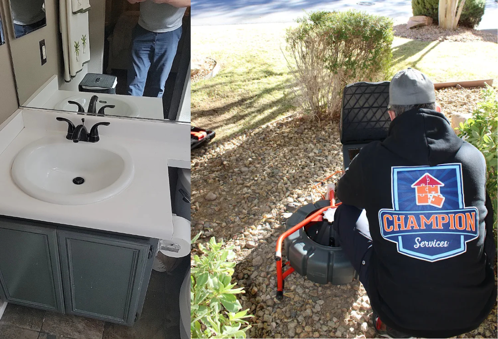Champion technician kneeling by an outdoor RV kitchen sink, with a chrome faucet nearby.