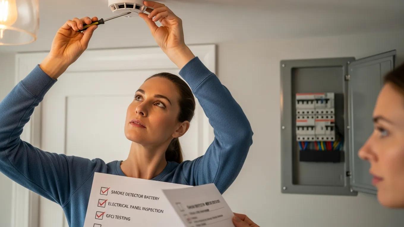 Homeowner checking smoke detector and inspecting electrical panel for maintenance
