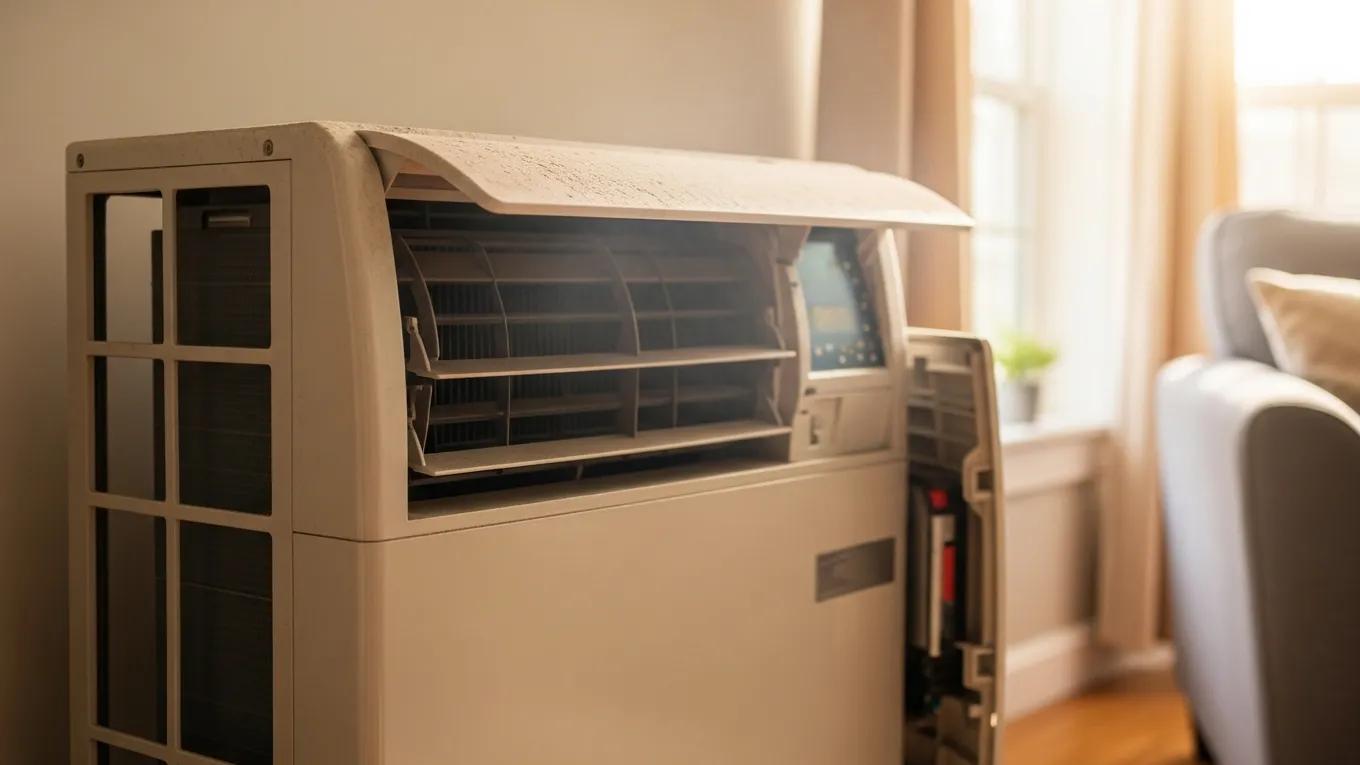 Overworked air conditioning unit in a home setting with visible dust and strain