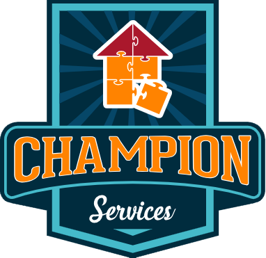 Champion Services badge: teal shield, orange CHAMPION lettering, puzzle-piece icon and "Services" script.